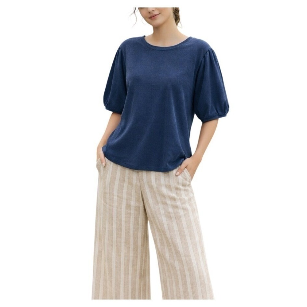 Chico's Navy Puff Sleeve Top Women XXL Zenergy Blue Indigo Vintage Wash Knit NWT